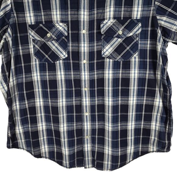 Navy Plaid Pearl Snap Shirt Mens XL Short Sleeve Western Style 100% Cotton - Picture 5 of 10